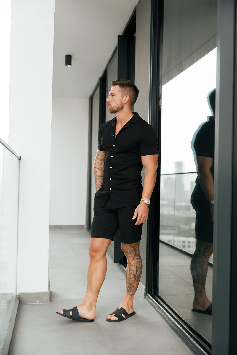 Vater-Söhne-Stretch-Piqué-Hemd mit Revers, kurzärmlig, Schwarz/Gold – FSH1068