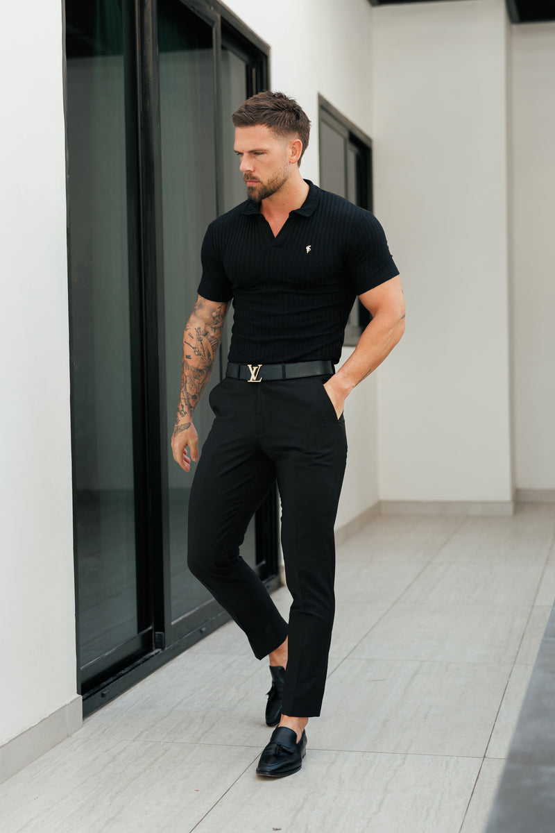 Klassisches schwarzes/goldenes geripptes Kurzarm-T-Shirt von Father &amp; Sons mit Revers-Verschluss - FSH1411 (VORBESTELLUNG 18. DEZEMBER)