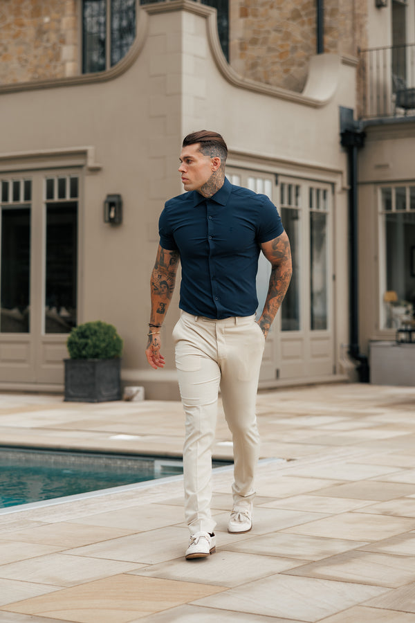Vater-Söhne-Muscle-Fit Advanced Stretch Marineblau Kurzarm mit Cutaway-Kragen - FS1163