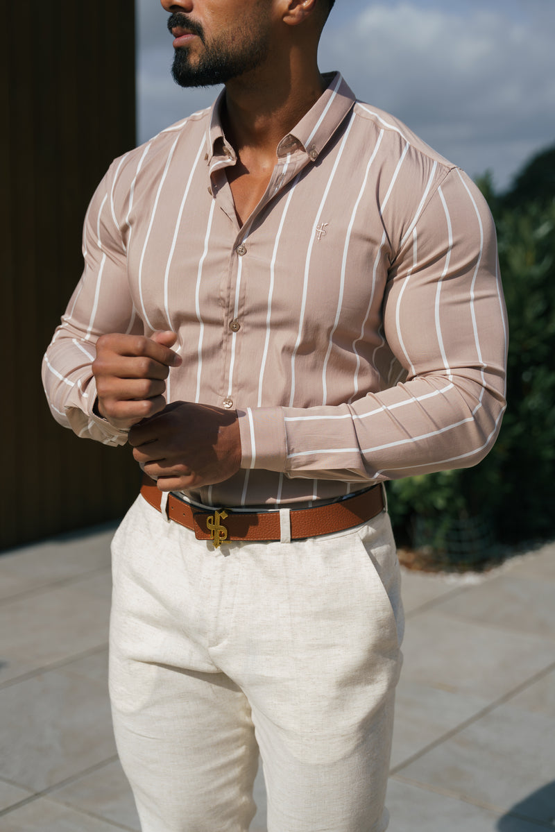 Father Sons Super Slim Stretch Taupe bedrucktes, breites Streifen-Langarmshirt mit Button-Down-Kragen – FS1065 