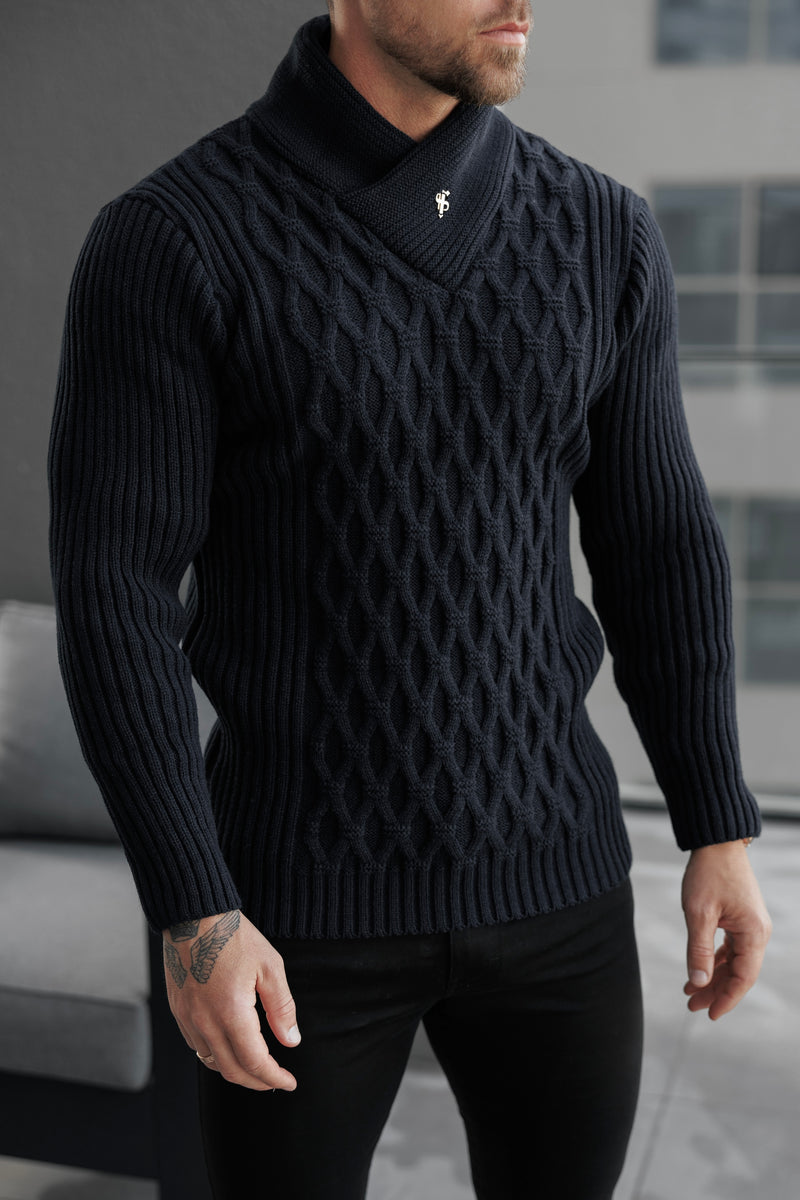 Grober Zopfmusterpullover in Schwarz für Vater und Sohn – FSJ002