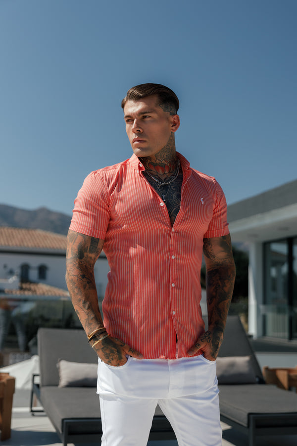 Father Sons Super Slim Stretch Koralle bedruckte Nadelstreifen Kurzarm mit Button-Down-Kragen - FS1062