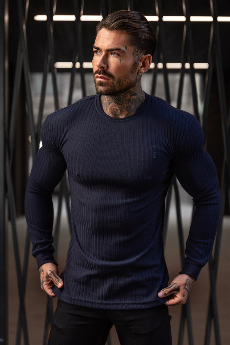 Klassischer marineblauer Rippstrickpullover von Father Sons mit farblich abgestimmter Stickerei – FSH944