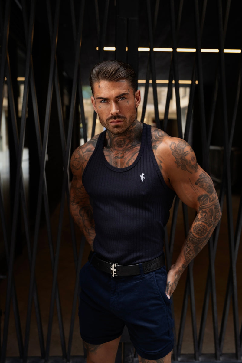 Klassische, superschmale Strickweste im Rippenmuster in Marineblau/Weiß von Father Sons – FSH1020