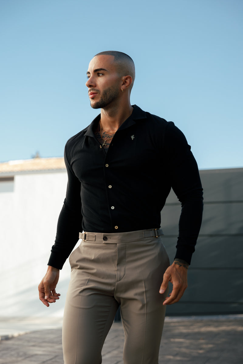 Vater-Sohn-Stretch-Langarmhemd mit Revers, schwarz, Piqué - FSH1207