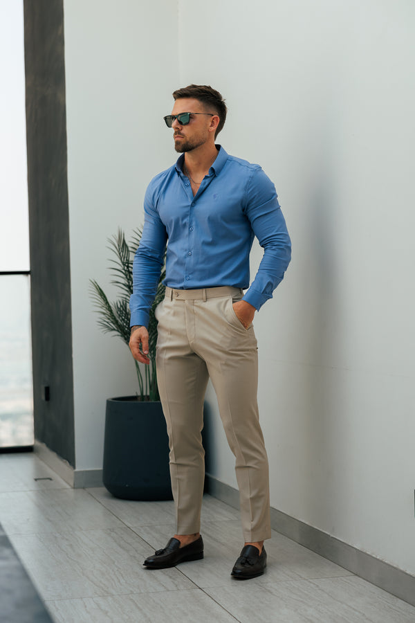 Vater-Söhne-Oxford-Hemd, klassisch, Stretch, langärmlig, Kadettenblau, mit Button-Down-Kragen – FS1216