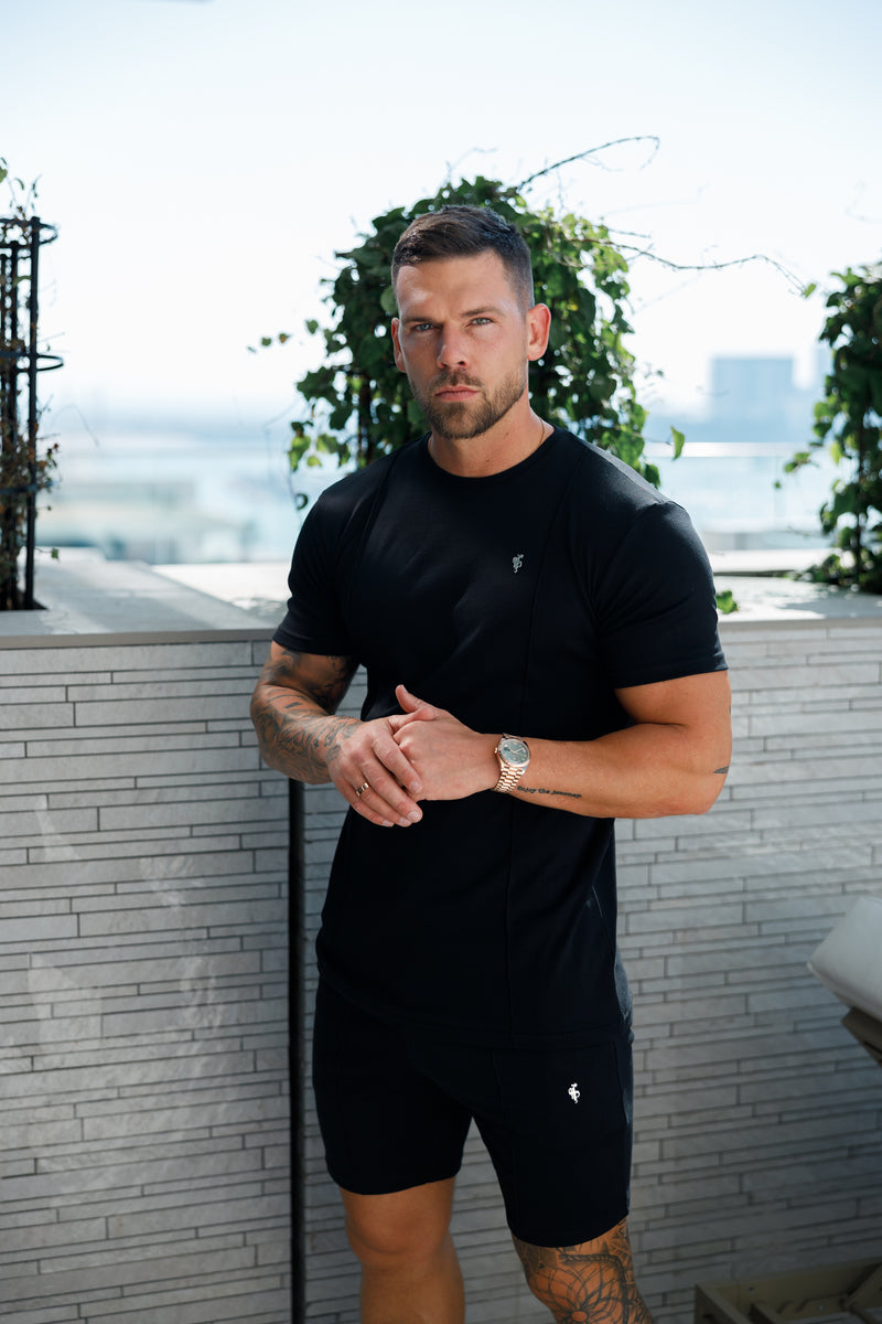 Vater Söhne Schwarz/Silber Elastische Shorts mit Kordelzug und Biesen - FSH1052