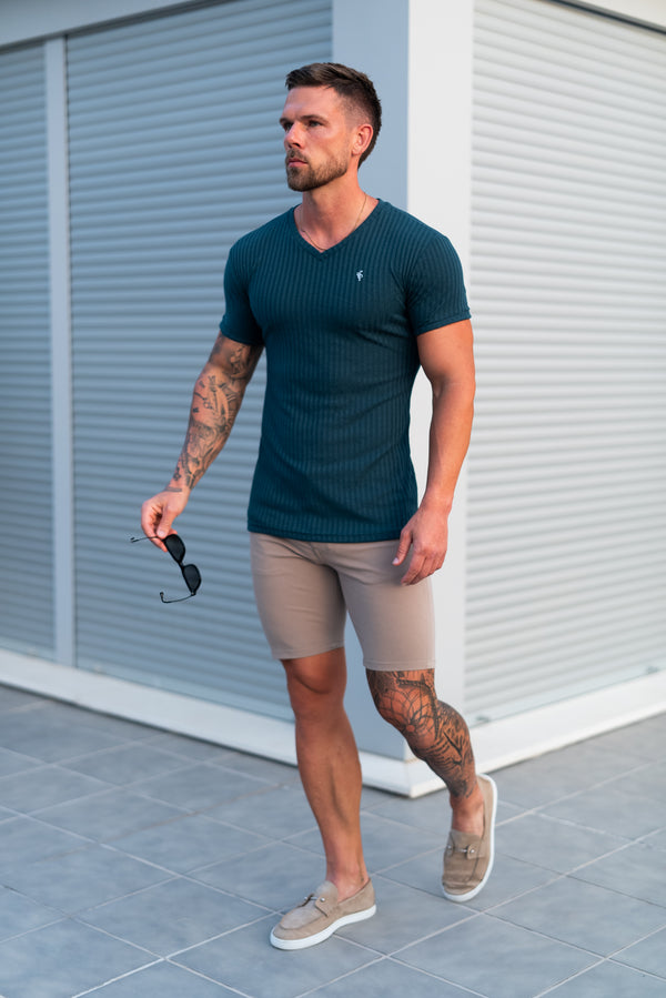 Vater-Söhne-Shirt, superschlank, Waldgrün/Silber, geripptes Rundhalsshirt mit V-Ausschnitt – FSH1368