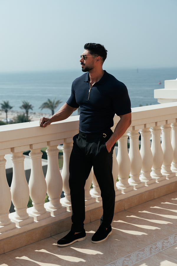 Father Sons klassisches Poloshirt mit Reißverschluss in Marineblau und Gold – FSH809