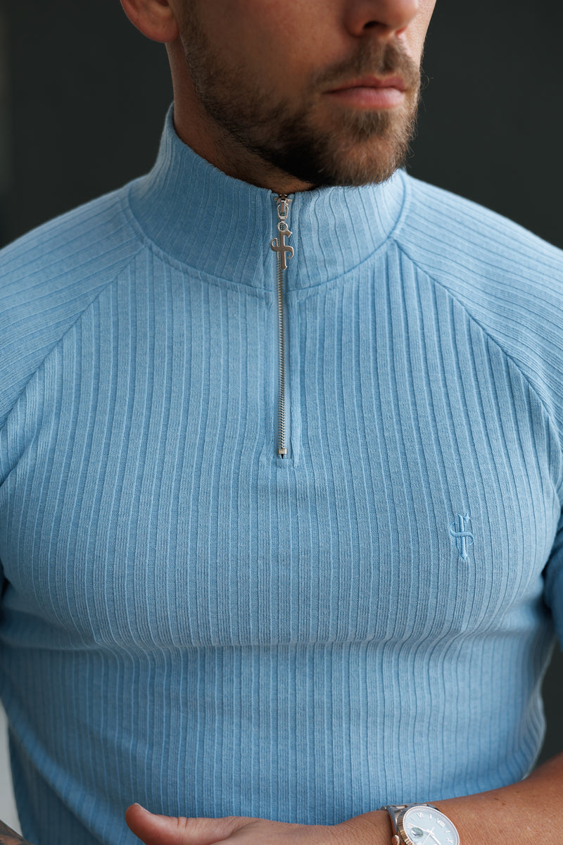 Father Sons Klassisches hellblaues geripptes Raglan-Shirt mit Reißverschluss und Stehkragen, kurzärmligem Rundhalsausschnitt – FSH1291