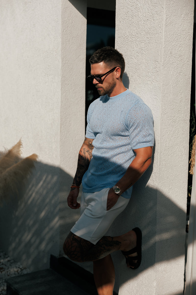 Father Sons Crochet Crew T-Shirt Blue Short Sleeve - FSJ088