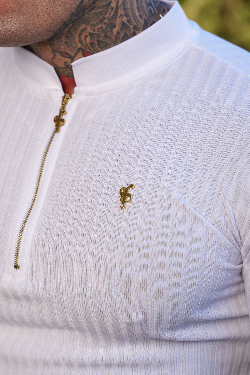 Vater-Söhne-Hemd, klassisch, weiß/weiß, gerippt, goldfarben, mit Reißverschluss, Grandad-Kragen, kurze Ärmel – FSH915