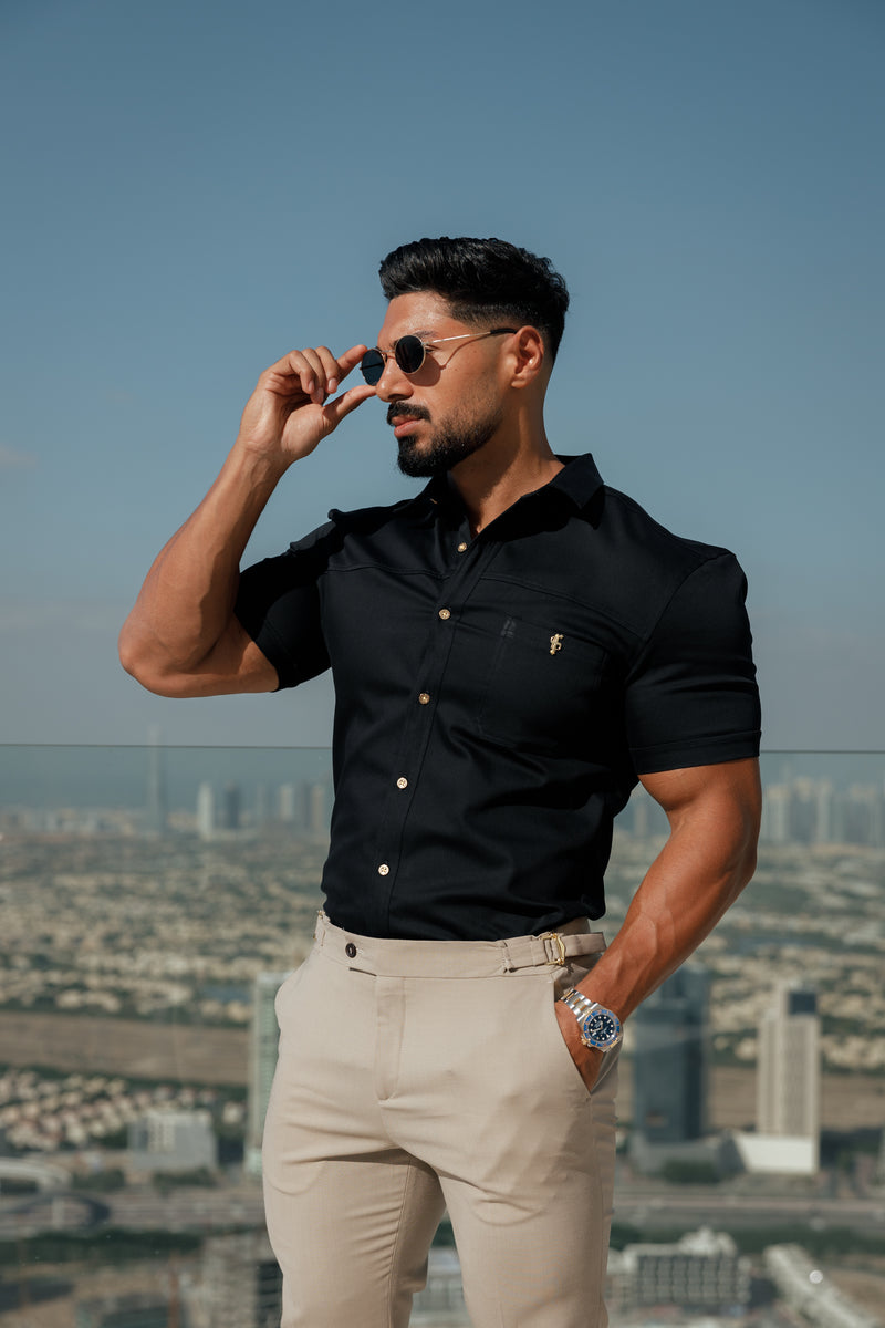 Father Sons Super Slim Stretch Black Denim Kurzarm mit horizontaler Naht und Tasche – FS954