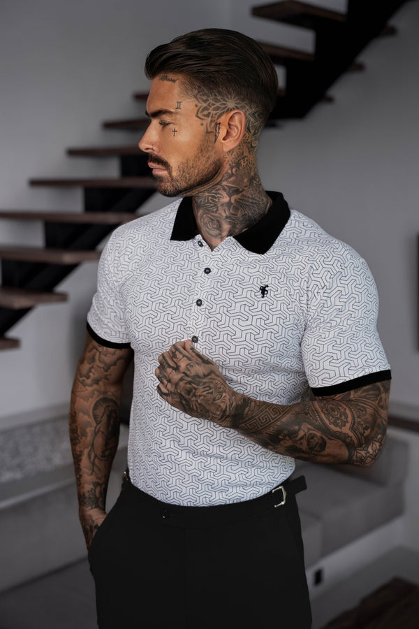 Vater-Söhne-Poloshirt mit geometrischem Muster, weiß/schwarz – FSH1233