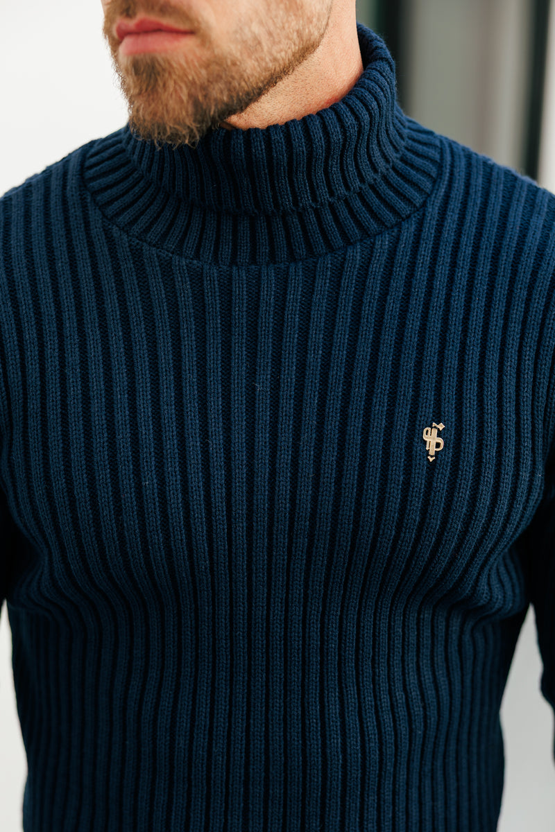 Marineblauer Rollkragenpullover aus Rippstrick für Vater und Sohn – FSJ115 (VORBESTELLUNG 12. NOVEMBER)