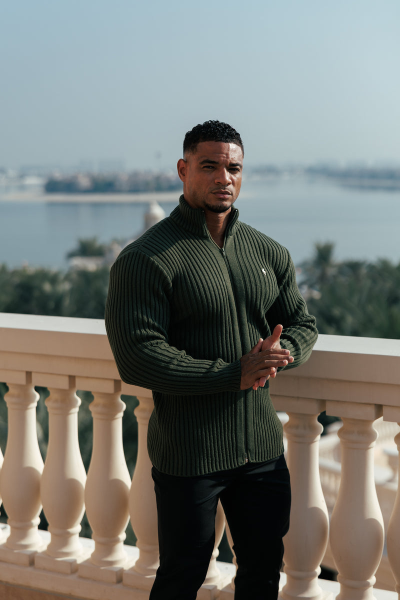 Father Sons Chunky Olive Ribbed Zipped Cardigan with Gold Emblem- FSJ095