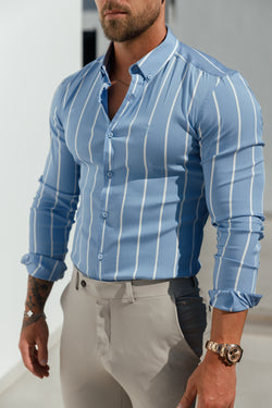 Father Sons Super Slim Stretch Blau bedrucktes Langarmshirt mit breiten Streifen und Button-Down-Kragen - FS1053