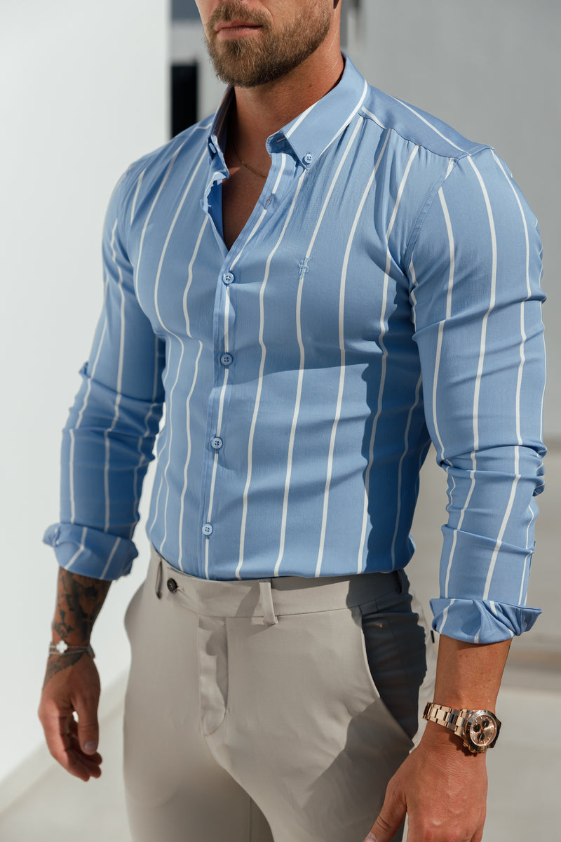 Father Sons Super Slim Stretch Blau bedrucktes Langarmshirt mit breiten Streifen und Button-Down-Kragen - FS1053