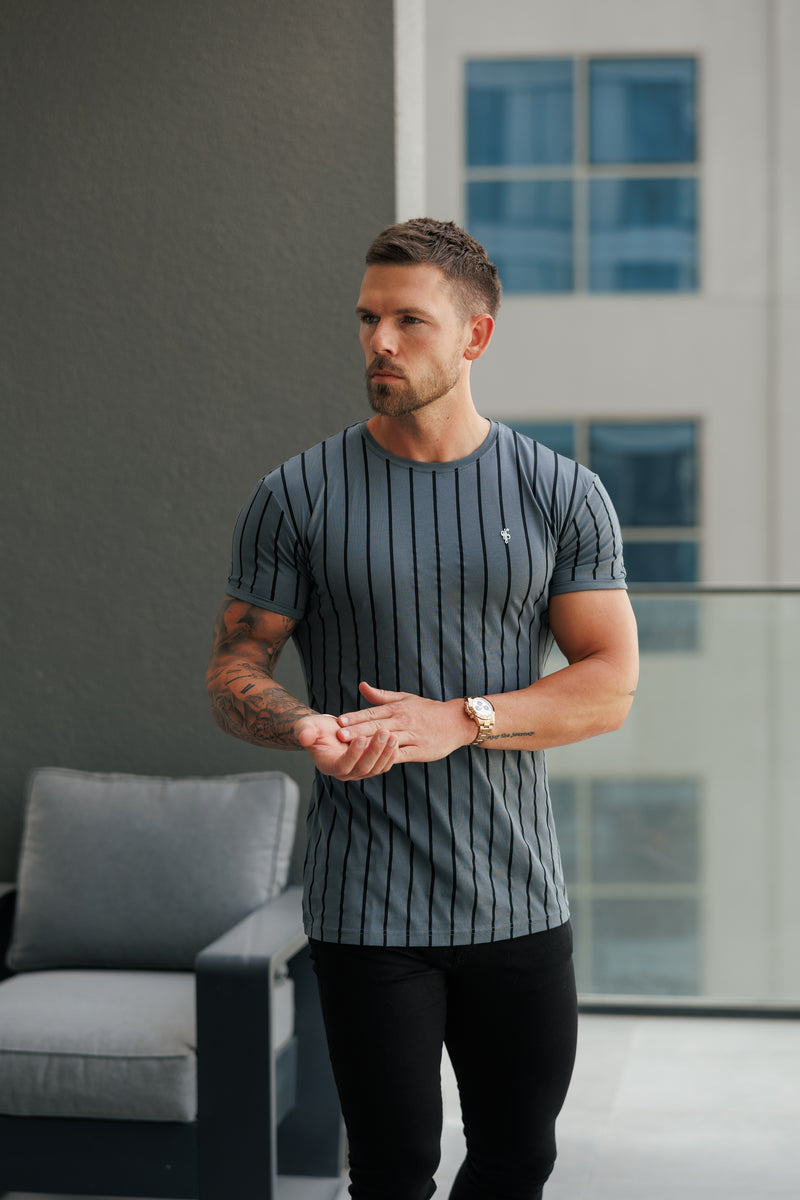 Father Sons Printed Charcoal / Black Stripe Fitted T Shirt - FSH1375