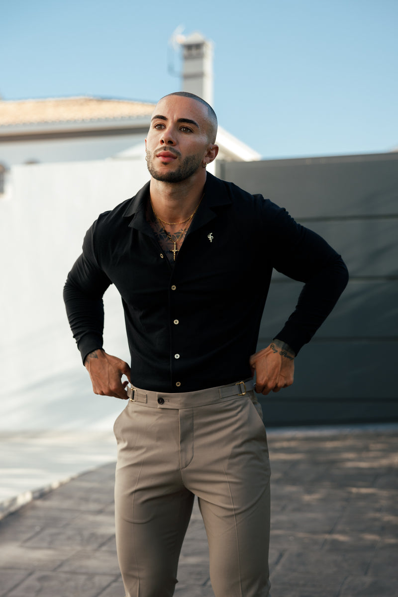 Vater-Sohn-Stretch-Langarmhemd mit Revers, schwarz, Piqué - FSH1207