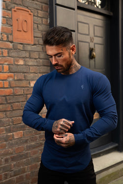 Vater und Sohn – Klassisches, marineblaues T-Shirt mit Rundhalsausschnitt, abgerundetem Saum und langen Ärmeln – FSH997