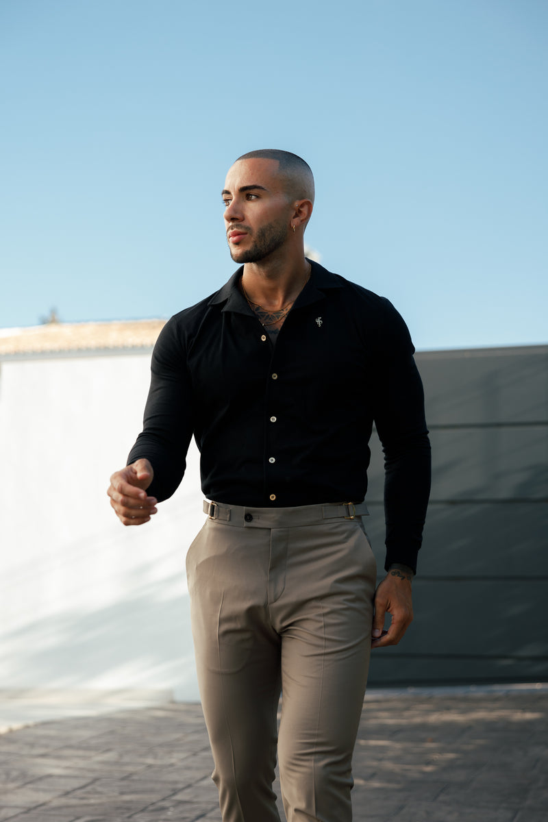 Vater-Sohn-Stretch-Langarmhemd mit Revers, schwarz, Piqué - FSH1207