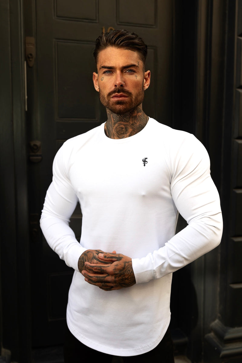 Vater Söhne Klassisches Weiß/Schwarz Ton in Ton abgerundeter Saum Langarm Rundhals T-Shirt - FSH996