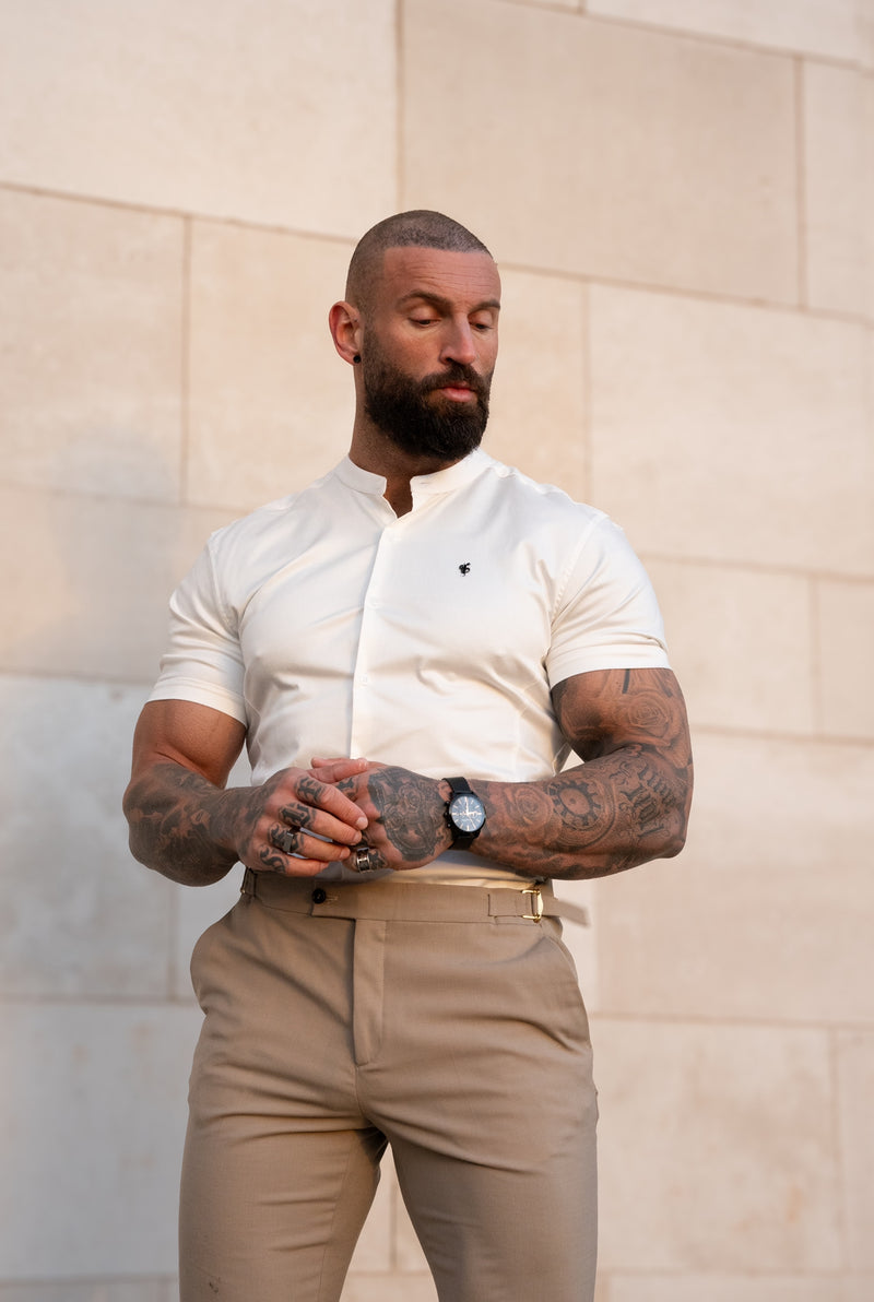 Vater Söhne Super Slim Stretch Off White Seite Panel Shirt Grandad Kragen SS - FS1140