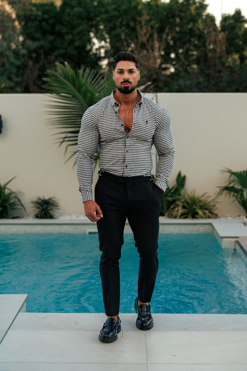 FS Super Slim Stretch Weiß / Schwarz Karo Langarm mit Knopfleiste - FS1069