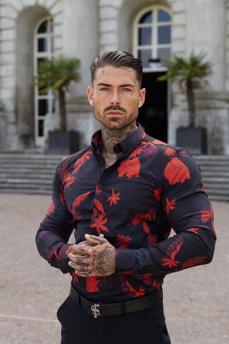 Father Sons Super Slim Stretch Langarmshirt mit Blumenmuster in Schwarz und Rot und Button-Down-Kragen – FS770