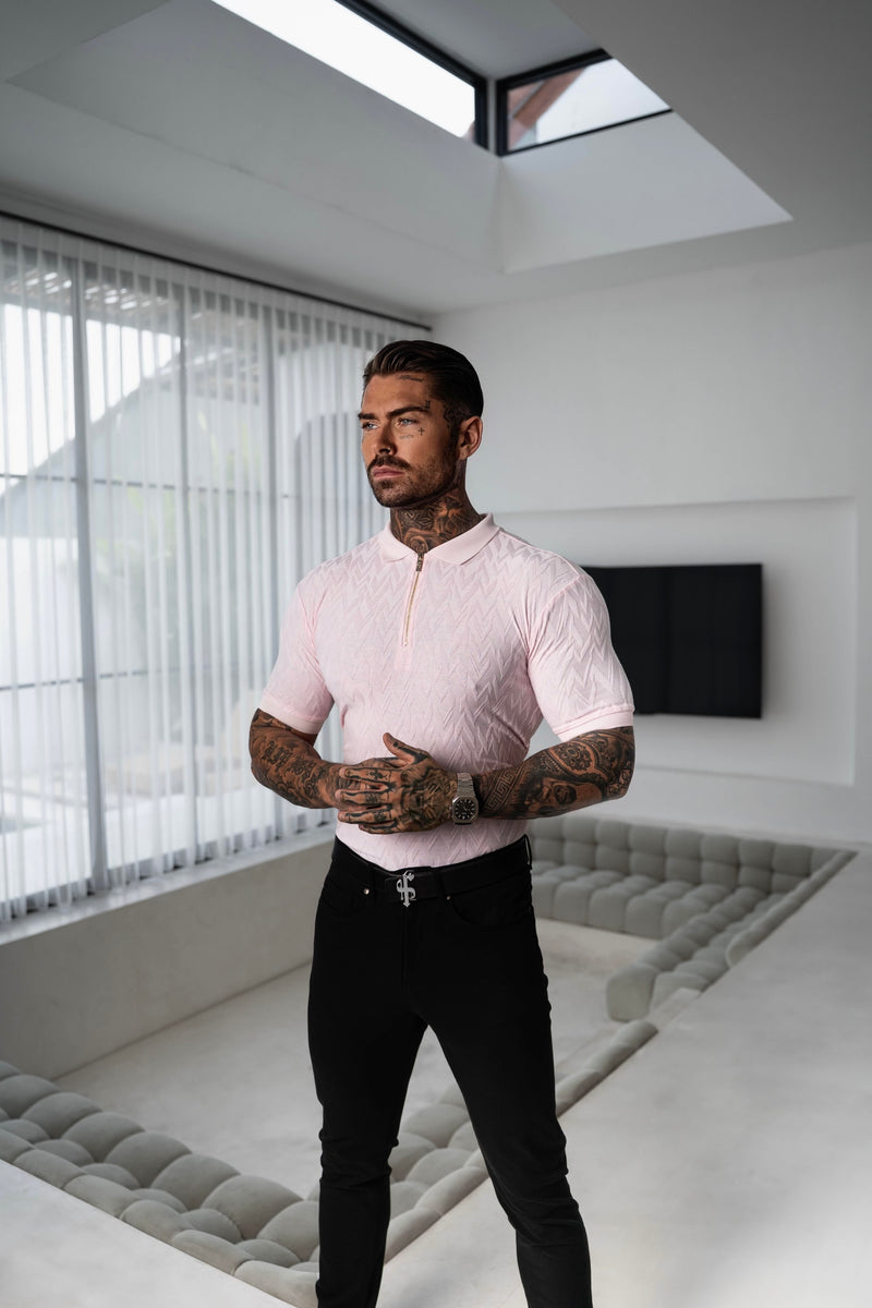 Klassisches Jacquard-Poloshirt mit Reißverschluss und Chevron-Muster, Rosa, für Vater und Sohn – FSR022
