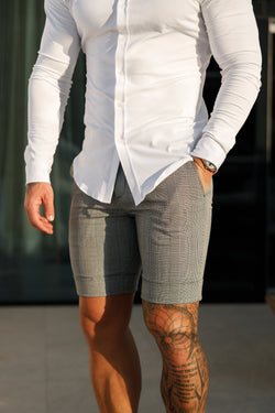 Maßgeschneiderte Shorts im Prince of Wales-Karomuster für Vater und Sohn, grau, mit Gürtelschlaufen – FSTS004
