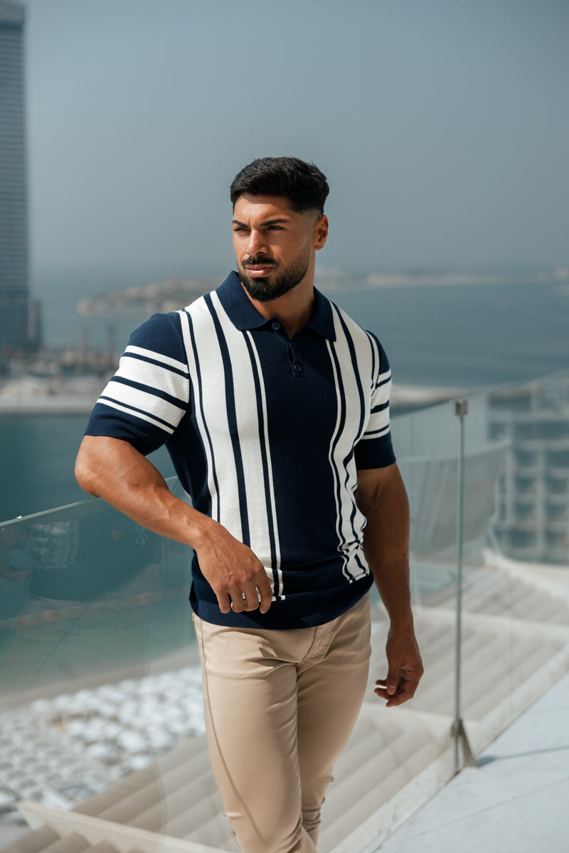 Father Sons Classic Navy/Off White Gestricktes Poloshirt mit vertikalen Streifen, kurzärmlig – FSN105