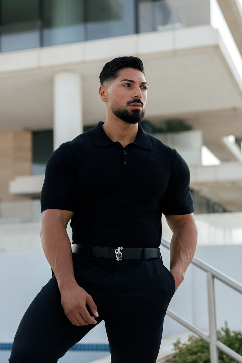 Father Sons Classic Plain Black Knitted Polo Short Sleeve - FSN108