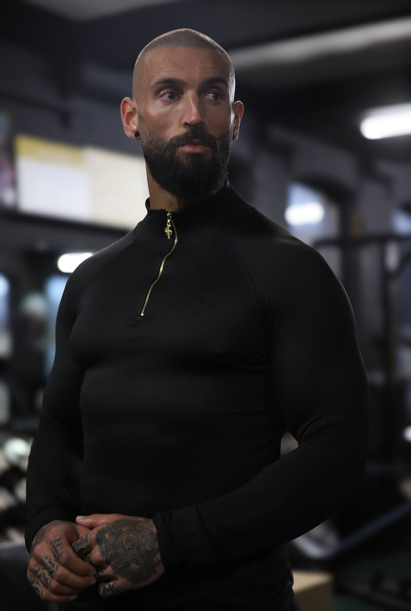 Father Sons Langarm-Fitness-Top in Schwarz/Gold mit halbem Reißverschluss – FSH887