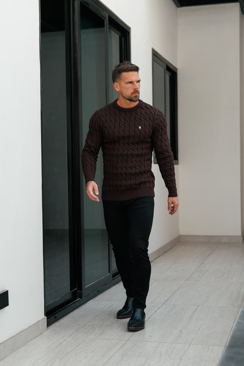 Vater-Söhne-Strickpullover mit Rundhalsausschnitt, braun, Link Weave - FSJ141