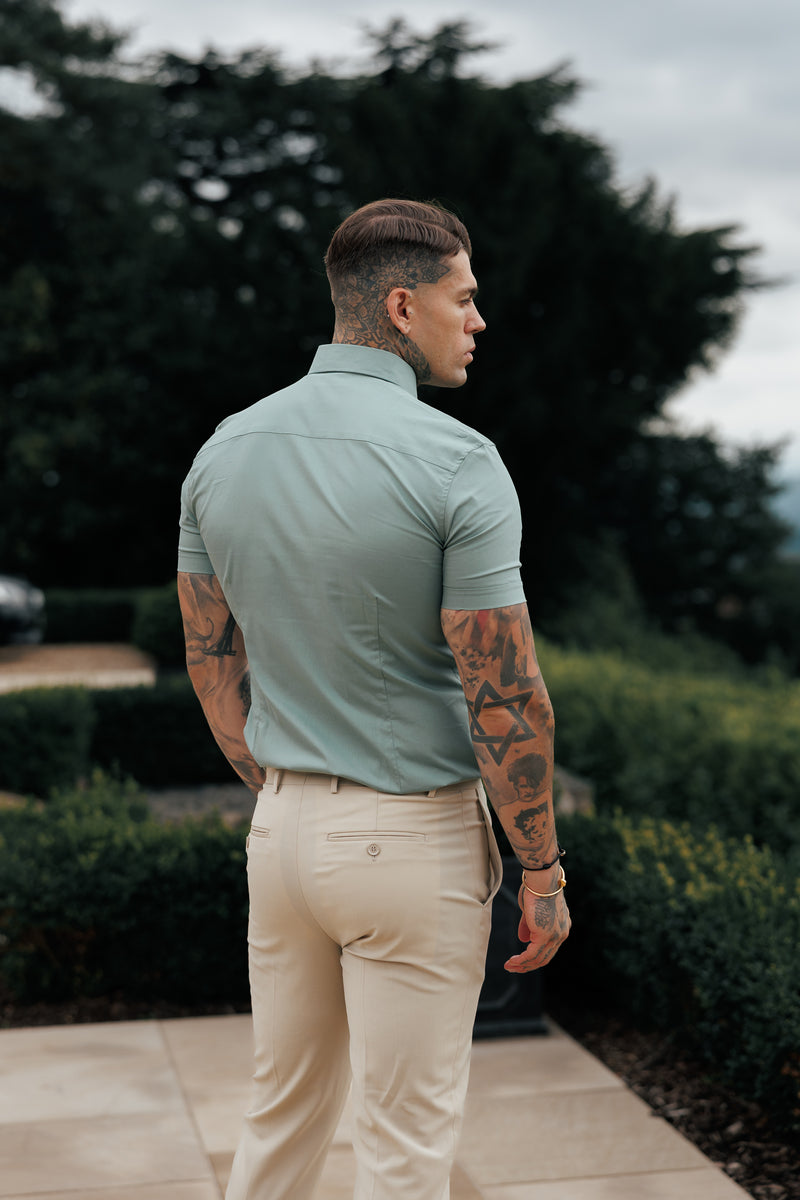 Vater-Söhne-Muscle-Fit-Shirt mit Advanced-Stretch, Khaki, kurzärmlig, mit Cutaway-Kragen – FS1204