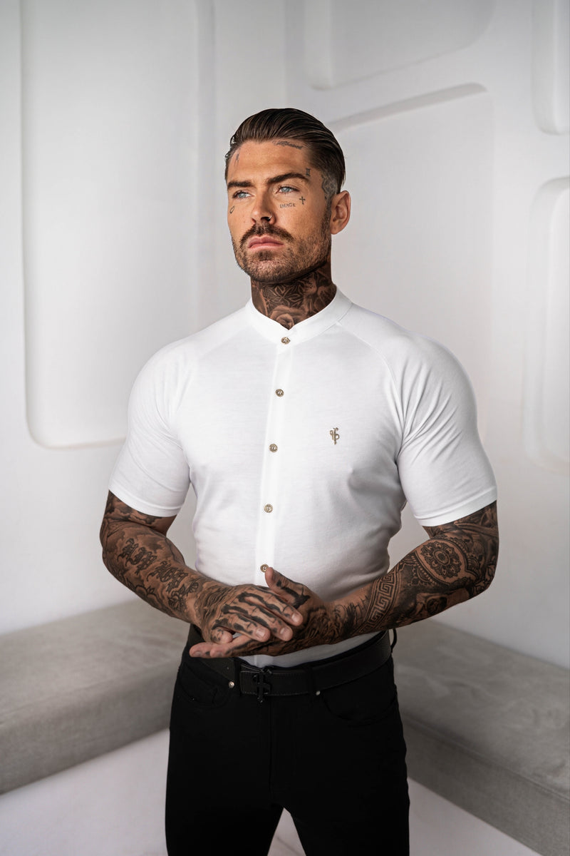 FS Slim Bamboo Raglan Grandad Kragen Weiß Kurzarm - FSH1166