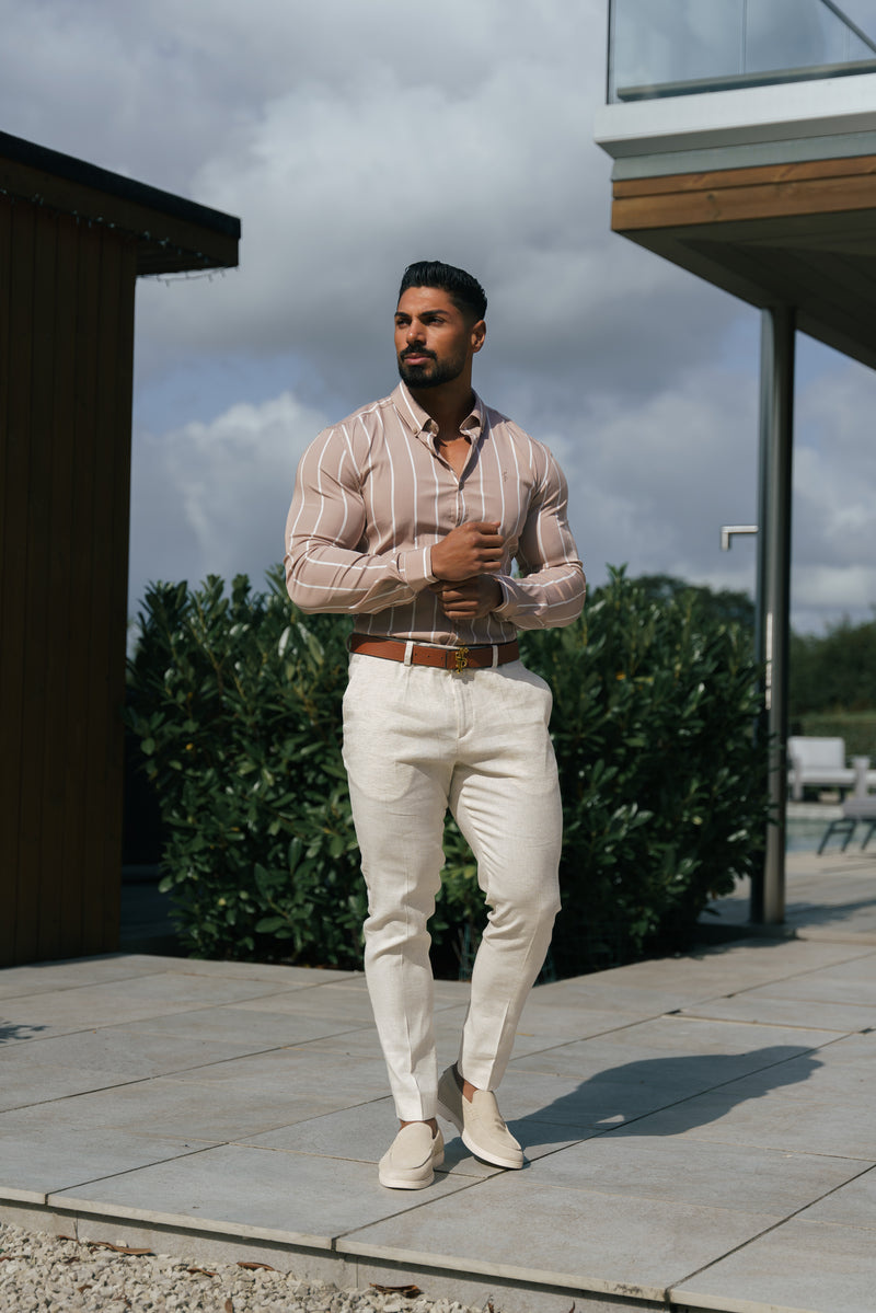 Father Sons Super Slim Stretch Taupe bedrucktes, breites Streifen-Langarmshirt mit Button-Down-Kragen – FS1065 