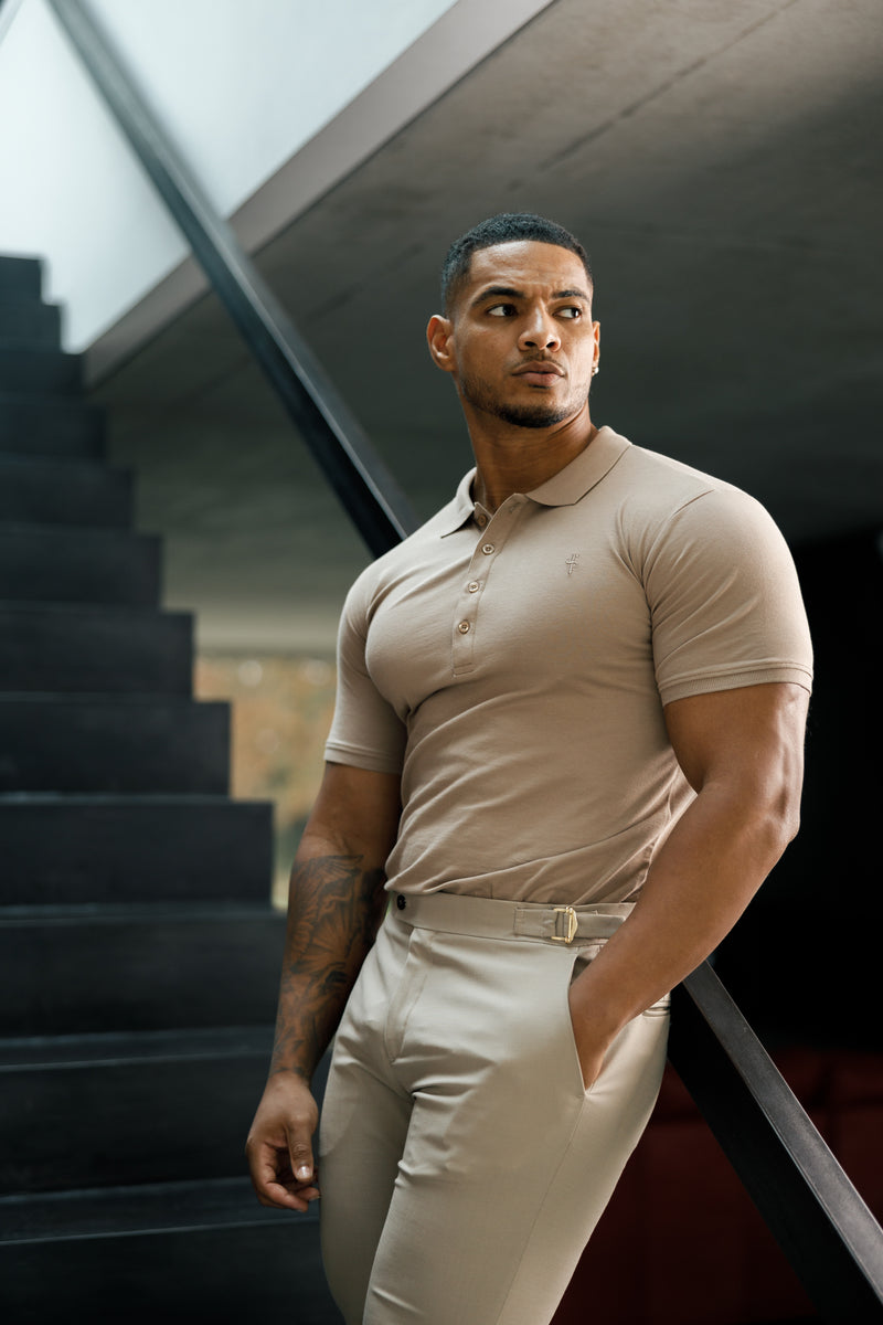 Father Sons Classic Taupe Polo Shirt with Tonal Button and Embroidery - FSH913