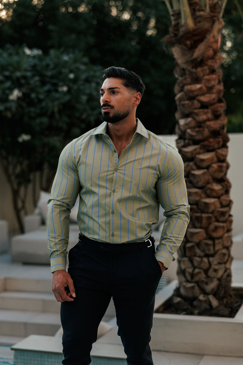 Father Sons Classic Green / Blue Stripe Long Sleeve with Cutaway Collar - FS1179