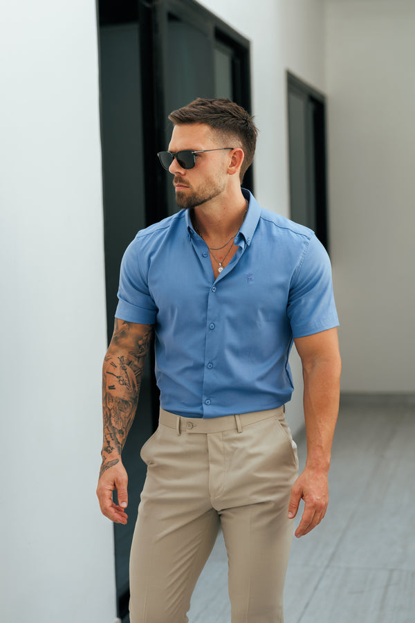 Father Sons Classic Stretch Oxford Short Sleeve Cadet Blue with Button Down Collar - FS1210