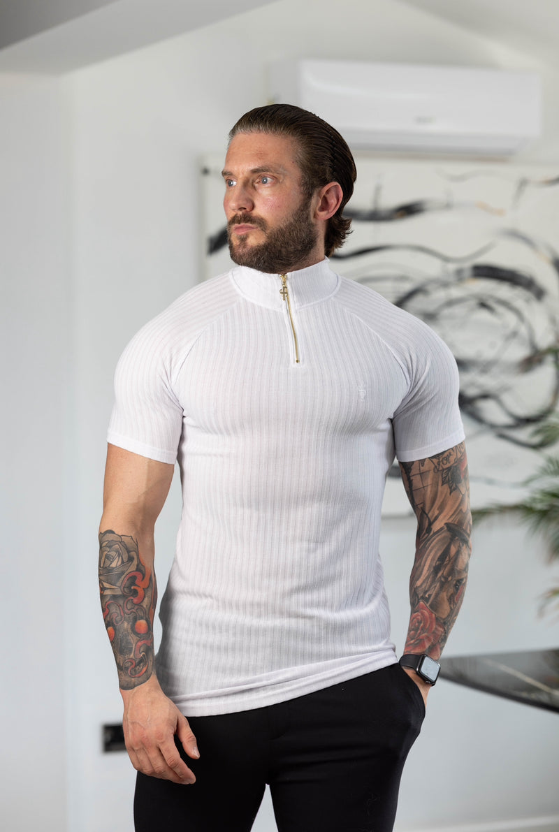 Father Sons Klassisches weiß/goldenes geripptes Rundhals-Sweatshirt mit Reißverschluss und Stehkragen, Raglanärmeln, Rundhalsausschnitt – FSH1266