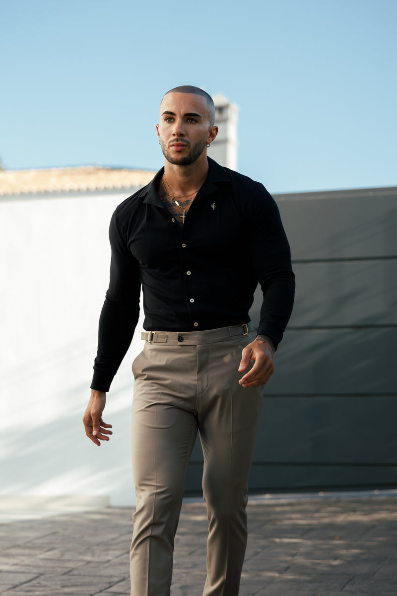 Vater-Sohn-Stretch-Langarmhemd mit Revers, schwarz, Piqué - FSH1207