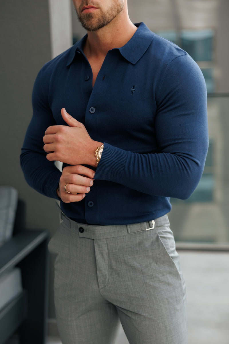 Vater und Sohn, klassisches, schlichtes, gestricktes Poloshirt mit durchgehender Knopfleiste, langärmelig, Marineblau, FSN212