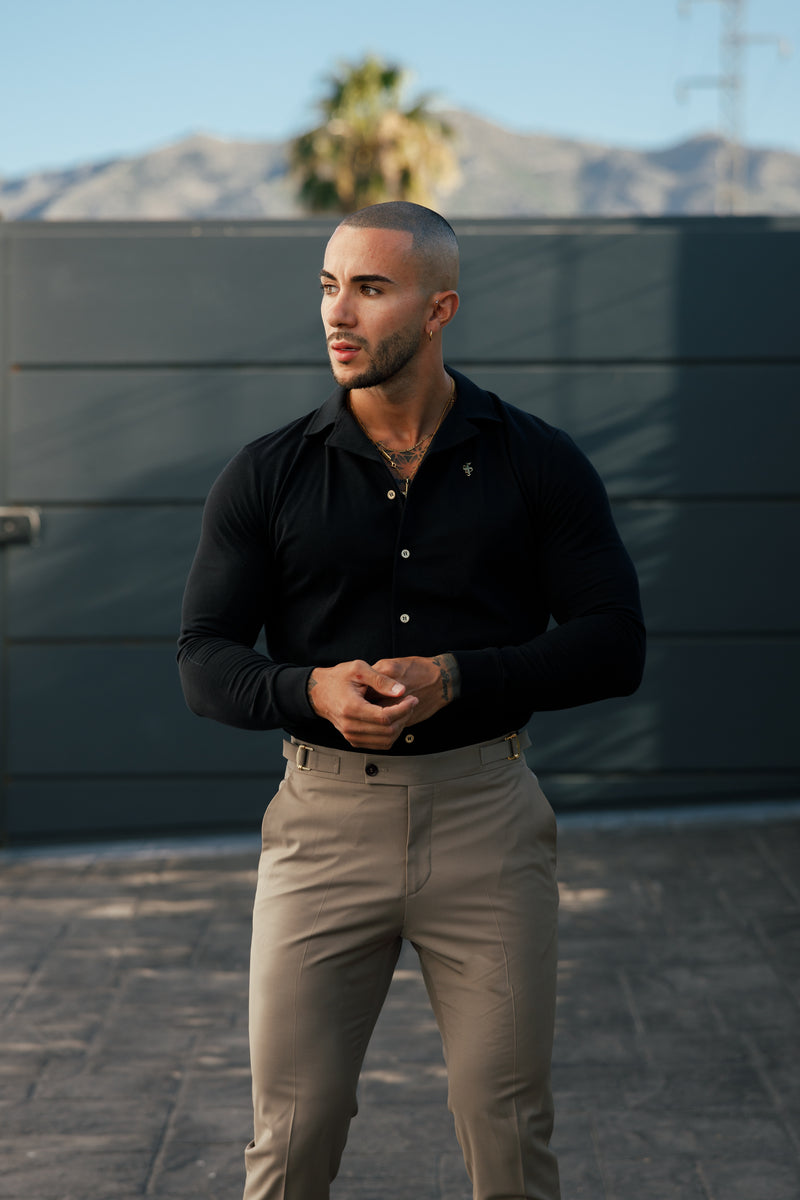 Vater-Sohn-Stretch-Langarmhemd mit Revers, schwarz, Piqué - FSH1207