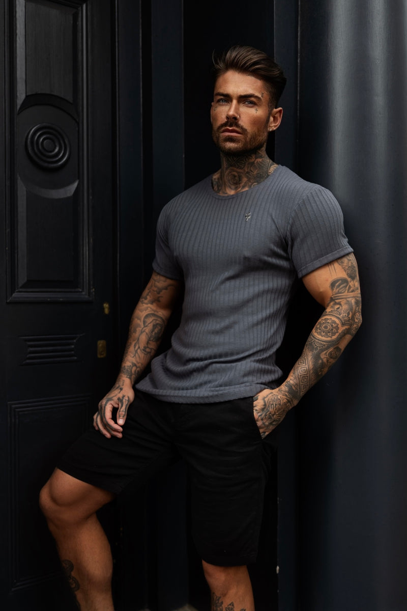 Father Sons – Klassisches, superschmal geschnittenes, kurzärmliges Rundhals-Sweatshirt in Anthrazit/Silber – FSH1084