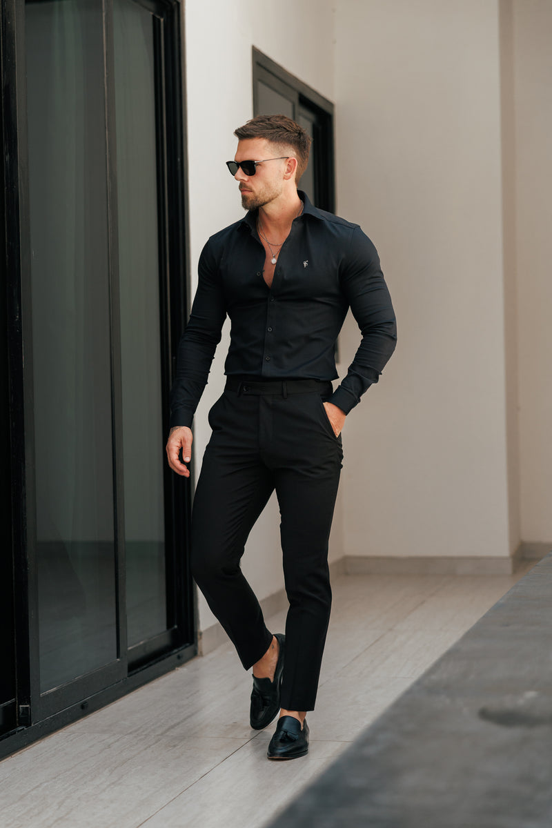 FS Super Slim Stretch Black Denim Langarmshirt mit Gunmetal-Metall-Aufkleber und Cutaway-Kragen – FS1169