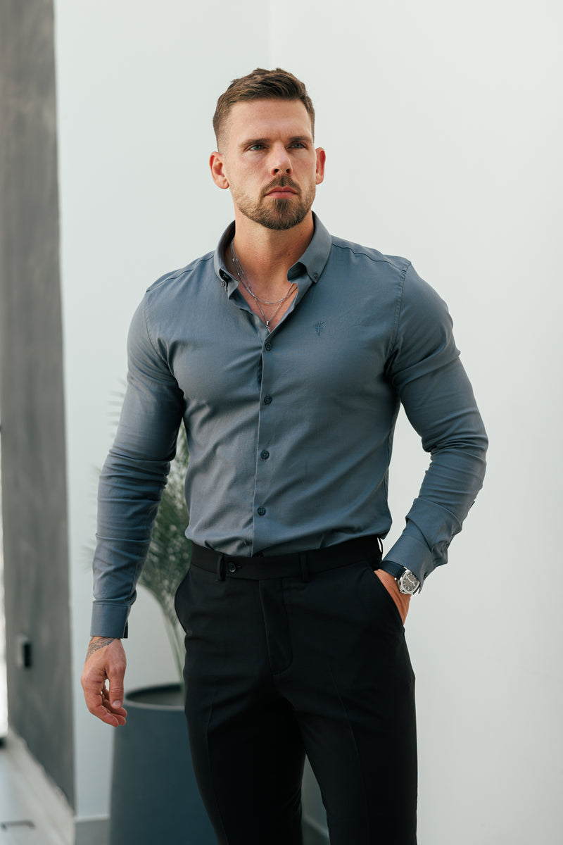 Vater-Söhne-Oxford-Hemd, klassisch, langärmlig, Anthrazit, mit Button-Down-Kragen – FS1221