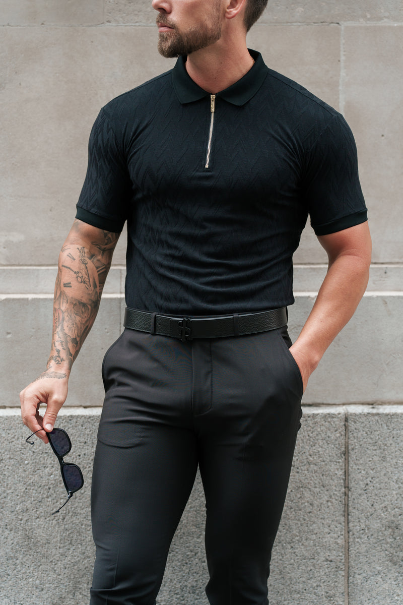 Father Sons Classic Jacquard Black Chevron Zipped Polo - FSR019